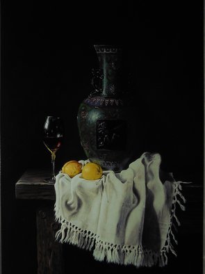 Jan Teunissen; Still Life With Cloisonnevase, 2018, Original Painting Oil, 45 x 60 cm. Artwork description: 241 citroenen wijnglas and wine glass c lemons cloisonne- vase ...