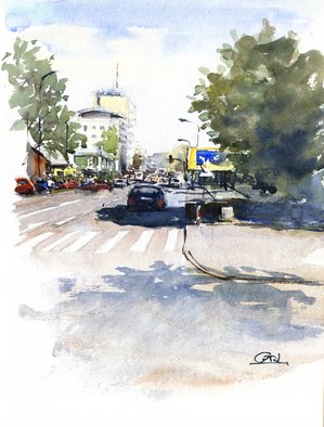 Jaroslaw Glod; Street, 2012, Original Watercolor, 40 x 30 cm. Artwork description: 241  watercolor, watercolour, cityscape, city, street, traffic   restaurant,         ...