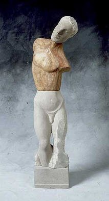 Jane Jaskevich; Kouros Revisited, 2003, Original Sculpture Stone, 9 x 41 inches. Artwork description: 241 This sculpture borrows from the Archaic Greek idea of the perfect male figure the kouros. I have added modern elements in the combining of different stones, the unfinished sides and the exposed edges. The sculpture is made of a limestone head, alabaster torso and limestone lower body ...