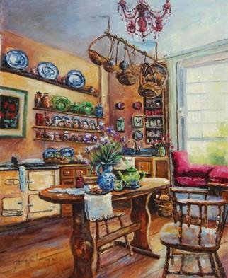 Jacinta Crowley_Long; Period Living, 2012, Original Painting Oil, 16 x 20 inches. Artwork description: 241   Kitchen, Period Living, Period Kitchen, Georgian Kitchen, Table, Window, tea, tea time     ...