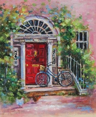 Jacinta Crowley_Long; Visiting Aunt Hyacinth, 2012, Original Painting Oil, 12 x 14 inches. Artwork description: 241  Red Doorway, Georgian Door, Bicycle, Visiting, Wisteria, steps    ...