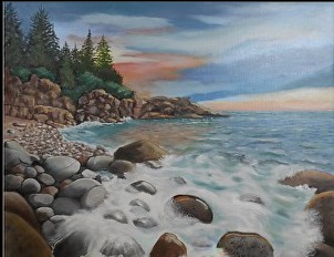 Janet Glatz; Hunters Beach, 2020, Original Painting Oil, 16 x 20 inches. Artwork description: 241  Foamy surf polishes the rocks on Hunters Beach on Mt.  Desert Island, Maine.  Pastels streak the sky and color the ledges in muted coral.  ...