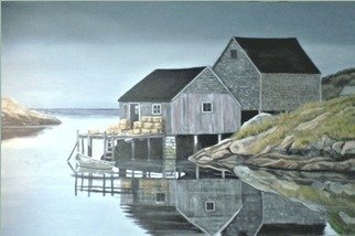 Janet Glatz; Peggys Cove Nova Scotia, 2020, Original Painting Oil, 30 x 20 inches. Artwork description: 241 Peggy s Cove is an iconic location in Nova Scotia and one that can have many different aspects.  Here you see what seems like a lonely location, but if you turn around, you see lots of fishing shacks, boats, and other buildings.  ...