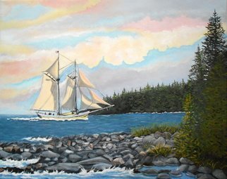 Janet Glatz; Full Sails, 2020, Original Painting Oil, 20 x 16 inches. Artwork description: 241 A two masted sailing ship carries tourists through a pass between an island and the mainland near Bar Harbor, Maine. ...