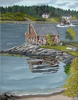 Janet Glatz; Maine Lobster Shack, 2020, Original Painting Oil, 16 x 20 inches. Artwork description: 241 A typical lobster fishing shack on the coast of Maine, complete with old buoys hung on the exterior walls. ...