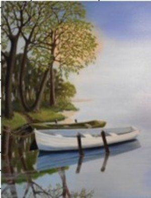 Janet Glatz; Two Boats, 2020, Original Painting Oil, 16 x 20 inches. Artwork description: 241 Two old boats are tethered to a post alongside a small finger of land in a quiet lake. ...