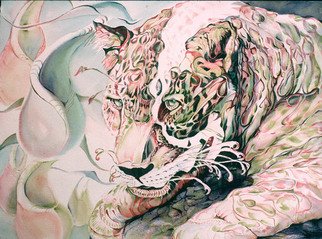 Jane Palmer; Leopard, 1999, Original Watercolor, 28 x 100 inches. Artwork description: 241 Part of the Plantheria series showing the unity of all nature by jaxapositioning plat and animal forms...