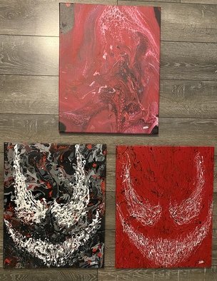 Justin Dabolish; The Symbiote Set, 2019, Original Painting Acrylic, 16 x 20 inches. Artwork description: 241 This set of 3 pours are inspired by some of Spider- Man s greatest villains Venom and Carnage. Each Acrylic pour I do comes out different from the next even when using the same colors so no two paintings are the same. Original. Signed. ...
