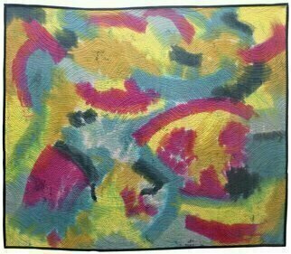 Jean Judd; Abstract Textures 2 2, 2018, Original Mixed Media, 37.5 x 44 inches. Artwork description: 241 Abstract Textures 2. 2 continues the undulating spiral and wave forms found in the earlier pieces of the series.  Yellow, fuchsia, turquoise, and black are the predominant colors until viewed up close, and then you see bits of purple, orange, grey, and green as well.  Whole cloth ...