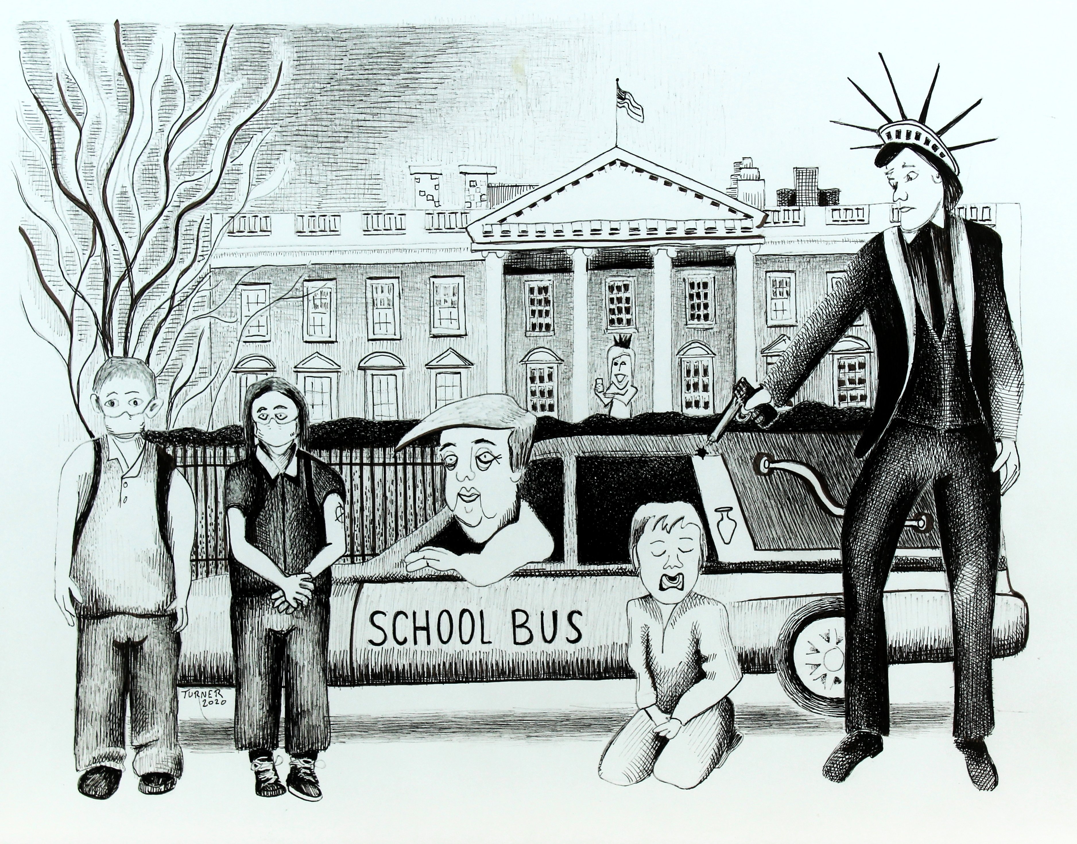 Jeff Turner; School Bus, 2020, Original Drawing Pen, 14 x 11 inches. Artwork description: 241 president trump, GOP, POTUS, plutocracy, Kleptocracy, partisan, Political, Political Cartoon, JeffTurnerArt, Jeff Turner...
