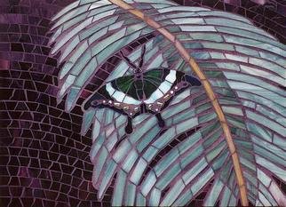 Sudarshan Deshmukh; Butterfly And Fern, 2003, Original Mosaic, 11 x 15 inches. Artwork description: 241 Hand- cut stained glass and millefiore beads.  Fern extends around the sides towards the wall. ...