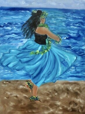 Jenny Jonah; Hula Girl On The Beach, 2022, Original Painting Oil, 18 x 24 inches. Artwork description: 241 Original oil painting on stretched canvas...