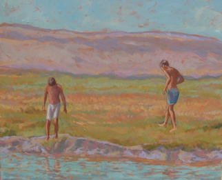 Jessica Dunn, 'Estuary', 2002, original Painting Oil, 73 x 60  cm. Artwork description: 3828 Two boys at a river near Al Jadida....