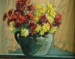 Judith Fritchman, 'Chrysanthemums In The Window', 1971, original Painting Other, 11 x 14  x 1 inches. Artwork description: 3099  A crock of chrysanthemums on a sunny window sill. ...