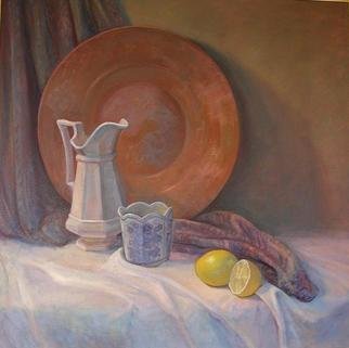 Judith Fritchman, 'Copper Tray And Pitcher', 2004, original Painting Oil, 26 x 26  inches. Artwork description: 3099 Still life with copper tray, pitcher, lemons, and blue and white bowl....