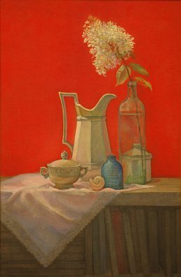 Judith Fritchman, 'Favorite Things', 2006, original Painting Oil, 21 x 32  x 1 inches. Artwork description: 3099  Still life with pitcher and white hydrangea. ...