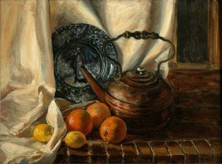Judith Fritchman, 'Still Life With John And ...', 1986, original Painting Oil, 18 x 24  x 1 inches. Artwork description: 3099  A Staffordshire plate serves as background for lemons, oranges, and a copper tea kettle. ...