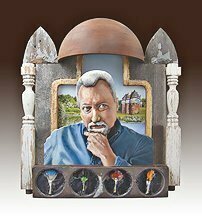 John Gamache, 'Artist Remebering Ancesters', 2010, original Assemblage, 18 x 20  x 7 inches. Artwork description: 2703 Old architectual wood, cut out layered wood painted portrait, hinged, to reveal paintig of ancestrial castle. ...