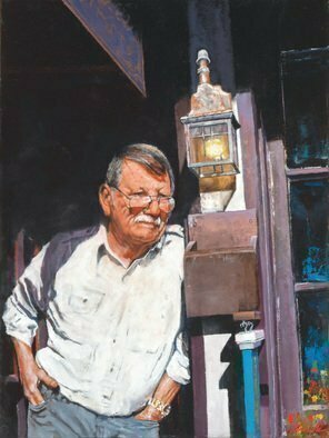 John Gamache, 'Dan Holiday', 2017, original Painting Oil, 18 x 24  inches. Artwork description: 2703 Portrait - Leather Craftsman in front of Shop - commission...