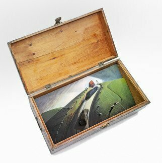 John Gamache, 'Tribute Grant Wood Death ...', 2017, original Mixed Media, 27 x 11  x 14 inches. Artwork description: 2703  Antique box - layered cut out wood for dimension -painted with acrylicsOil on linen...