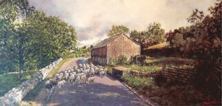 John Gamache; Commuter Hour, 2023, Original Painting Oil, 37 x 18 . Artwork description: 241 English countryside, Sheep going home after along day in the fields, Framed...