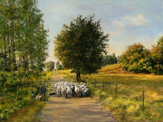 John Gamache; Sheep Herder, 2019, Original Painting Oil, 28 x 22 . Artwork description: 241 Warm sunny afternoon in France, Shepherd, Dogs, leading Sheep home...