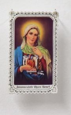 Jessica Goldfinch; Immaculate Open Heart Of Mary, 2010, Original Mixed Media, 3 x 4 inches. Artwork description: 241  Mixed Media on Shrinky Dink, Virgin Mary, open heart suurgery     ...