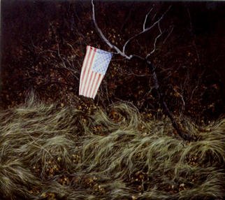 James Gwynne, 'Landscape With Flag', 1996, original Painting Oil, 75 x 70  x 3 inches. Artwork description: 2307 Apatriotic gesture by someone. . .  tying afaded little flag to a branch in the woods...