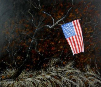 James Gwynne; Landscape With Flag II, 2012, Original Painting Oil, 48 x 42 inches. Artwork description: 241  A flag that a patriotic someone tied to a branch in the woods among dried grass and leaves ...