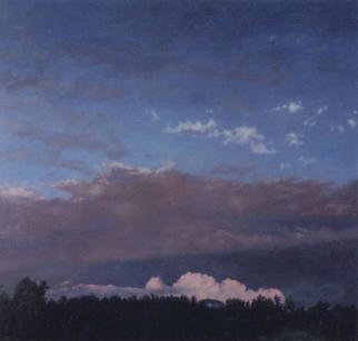 James Gwynne, 'Landscape With Water Tank', 1988, original Painting Oil, 75 x 70  x 3 inches. Artwork description: 2307 Like a space ship, a water tank peaks through the treesunderneath an evening sky...