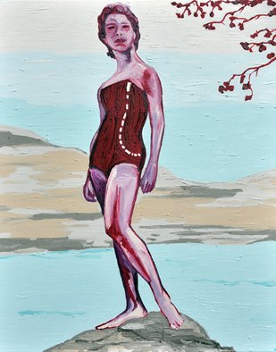 Jaime Hesper; Isabella Of The Sea, 2012, Original Painting Oil, 24 x 30 inches. Artwork description: 241  Italian coast, bathing suit, bold colorful,  portrait of woman, expressionist, thick paint, heavy brushstrokes, inspired by vintage photo,  history, red, magenta, turquoise, beige prominent colors, oil on canvas. gallery wrapped canvas. wood frame stained natural pine.              ...