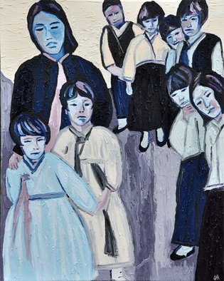 Jaime Hesper; South Korea, Through Jims Eyes, 2012, Original Painting Oil, 16 x 20 inches. Artwork description: 241  Korean school children,  portrait, snapshot, expressionist, bold, colorful, Asian, inspired by vintage photo, color, thick paint, heavy brushstrokes, history, photo taken by my grandfather during Korean War, blue, lavender prominent color, framed in wood that is stained black.       ...
