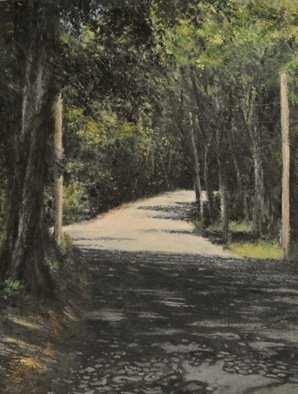 James Morin; Back Road, 2020, Original Painting Oil, 16.5 x 21.5 inches. Artwork description: 241 A road winds through colorful trees which cast shadows onto the street...