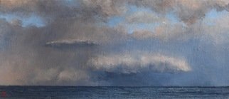James Morin; Skyscape Number 4, 2021, Original Painting Oil, 14 x 6 inches. Artwork description: 241 Misty clouds over quiet sea...