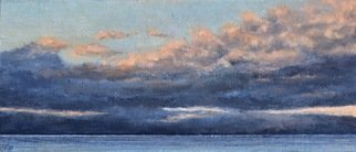 James Morin; Skyscape Number 6, 2022, Original Painting Oil, 14 x 6 inches. Artwork description: 241 Orange, blue clouds over peaceful sea...