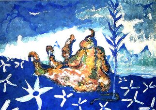 Jimy Portal; Paraiso Azul, 2007, Original Watercolor, 40 x 25 cm. Artwork description: 241  mitologico and rare man of a parallel subworld ...