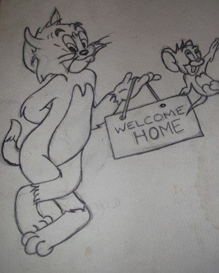 John Jenkins; Welcome Home Wit Tom And Jerry, 2018, Original Drawing Pencil, 8 x 11 inches. Artwork description: 241 one of my many sketches. this one is tom and jerry welcoming ya home...