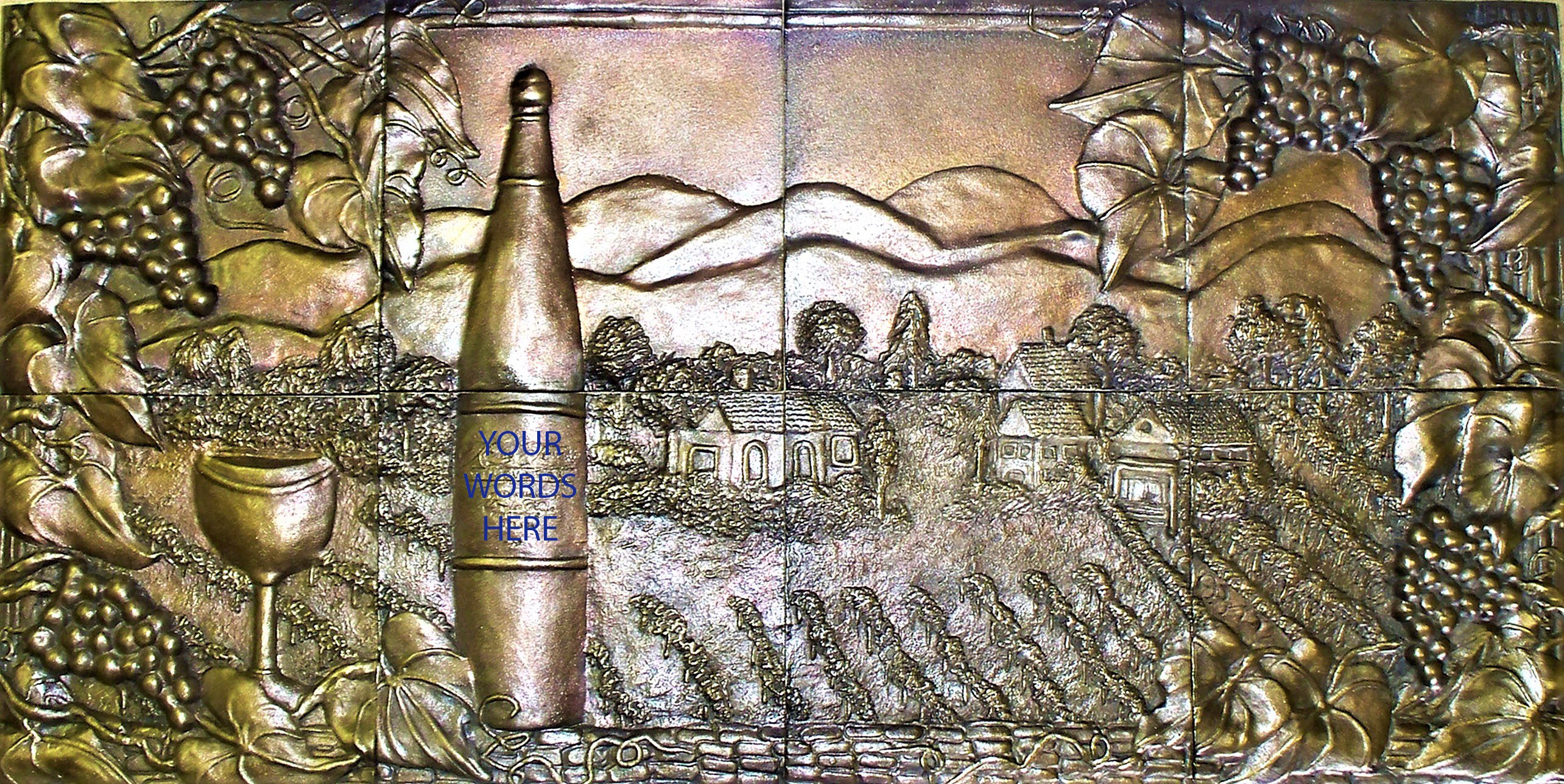 Joe Jumalon; YOUR Vinyard, 2019, Original Sculpture Bronze, 31 x 16 inches. Artwork description: 241 This cast solid metal art depicts a beautiful vineyard in incredible detail.  Each piece is hand cast and finished.  The wine bottle label is individually customized, Please specify what you want printed on the label.  Note All cast metal art pieces will vary slightly in color andor ...