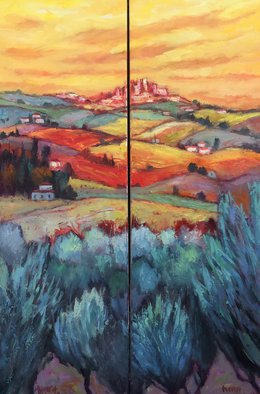 John Maurer; San Gimigniano Diptych, 2020, Original Painting Oil, 28 x 38 inches. Artwork description: 241 Painted from a sketch and photo taken while traveling in Tuscany.  Oil on canvas.  Framed in a brushed silverfloaterframe with black sides. ...