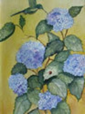 Joanna Batherson; Hydrangeas, 2014, Original Watercolor, 16 x 20 inches. Artwork description: 241  A cluster of blue hydrangeas with a ladybug. ...