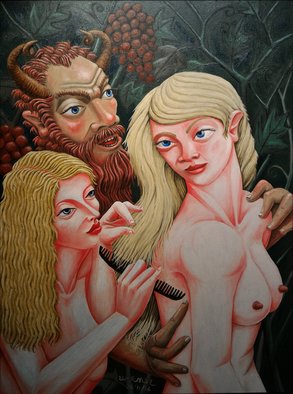 Joao Werner; Satyr And Nymphs, 2017, Original Painting Oil, 50 x 70 cm. 