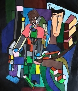 Joe Scotland; Not Happy, 2018, Original Painting Acrylic, 47 x 55 cm. Artwork description: 241 I enjoy doing cubism its usually my ideas but I have had inspiration artists such as Picaso. I used acrylics on this picture because it drys quicker. the Picture is for sale its done on quality paper.The picture is about two unhappy guys they each think ...