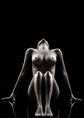 Johan Swanepoel; Nude Bodyscape Reflections 1, 2019, Original Photography Black and White, 16.2 x 22.7 inches. Artwork description: 241 Nude bodyscape of a naked woman sitting on a black glass with reflections against a black background. Sensual fine art photography of a female breast and full body photographed from the front...