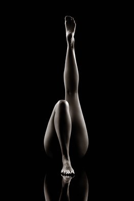 Johan Swanepoel; Nude Bodyscape Reflections 7, 2019, Original Photography Black and White, 17.1 x 25.6 inches. Artwork description: 241 Nude abstract and figurative bodyscape of a naked woman lying on her back with one leg raised against a black dark background. Sensual fine art photography of the female nude body on a black glass with reflections...