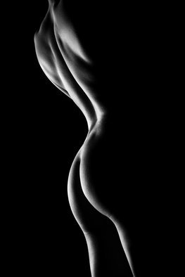 Johan Swanepoel; Nude Woman Bodyscape 6, 2019, Original Photography Black and White, 18.4 x 27.6 inches. Artwork description: 241 Nude bodyscape of a naked woman standing with a rear view against a black background. Sensual fine art photography of the female buttocks and back and partial body parts...