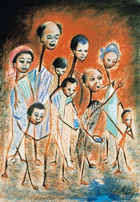 Johney Ohene; Libation, 1982, Original Printmaking Giclee, 10 x 13 inches. Artwork description: 241  A traditional Ghanaian' Akan' scene.  The head of the family leads in prayer by pouring water or alcohol to the ground( symbolising link with the fore- fathers) .  ...