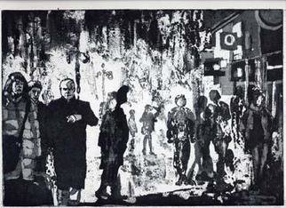 John Booth; The Conversation, 2015, Original Printmaking Etching, 11 x 8 inches. Artwork description: 241 The Conversation is an etching  which uses dry point, aquatint and sugar lift methods to create a variety of mark making particular to the traditional printmaking process. The subject is a contemporary street scene.  ...