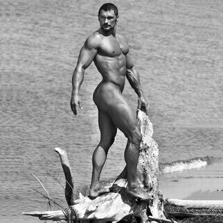 John Falocco; Nude Male On Driftwood, 2023, Original Photography Digital, 16 x 16 inches. Artwork description: 241 16x16 BW Image on 17x22 Fiber Base Paper...