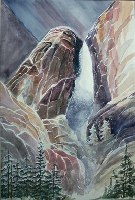 John Hopper; Yosemite Falls, 2005, Original Watercolor, 27 x 39 inches. Artwork description: 241   At dusk the Falls looks somber, almost threatening, and the roar seems to be stilled, recedes into background.  This impressionist watercolor captures the spirit of Yosemite and the awe inspired in the artist. ...