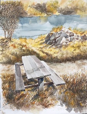 John Hopper; Your Table Awaits, 2020, Original Watercolor, 24 x 30 inches. Artwork description: 241 Walking the Deschutes River in Oregon for 3. 5 miles I came upon the only picnic table on the trail, it said to me, Your Table Awaits . ...